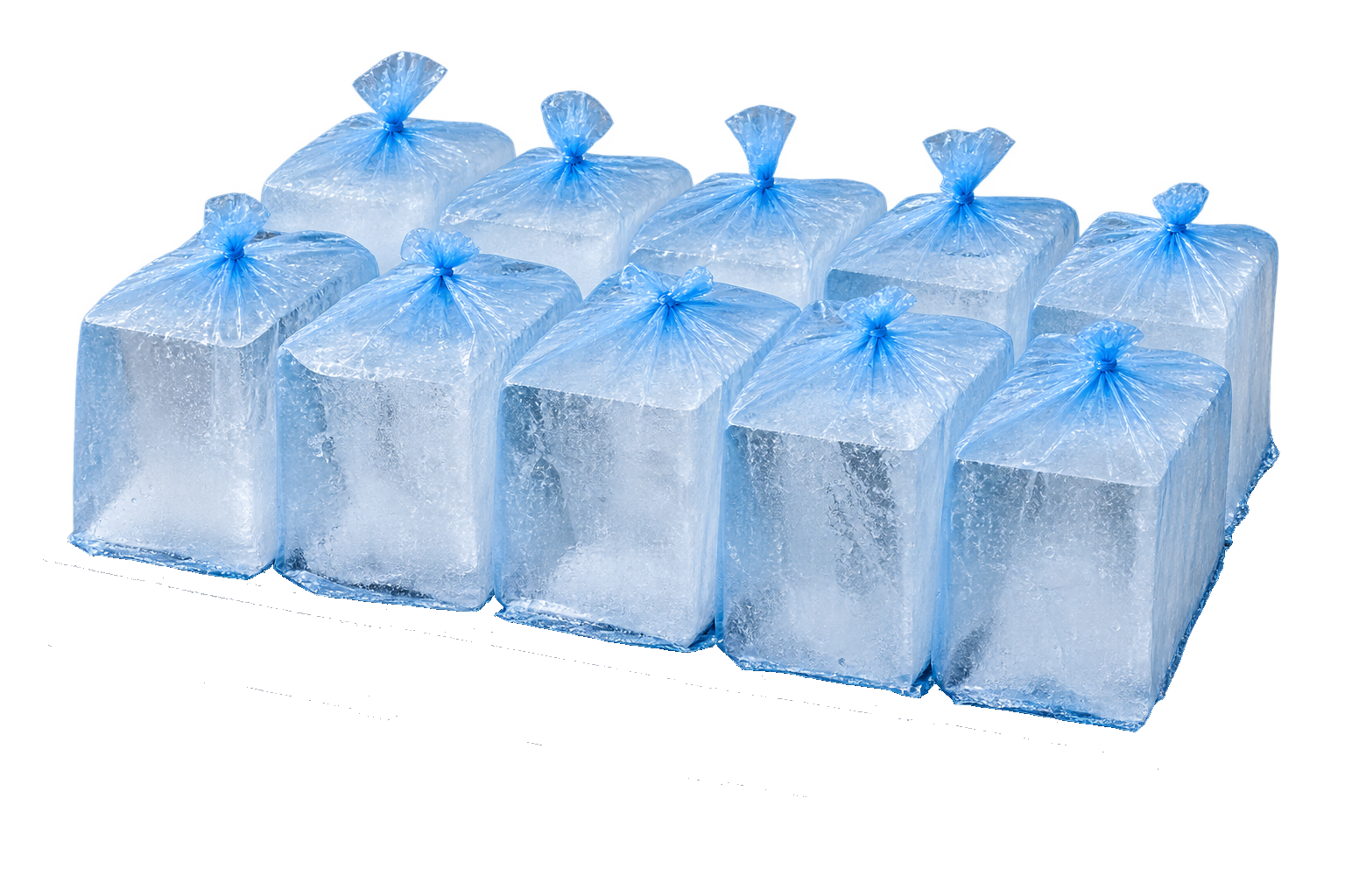 Tarima con cuartos de hielo en bolsa azul
